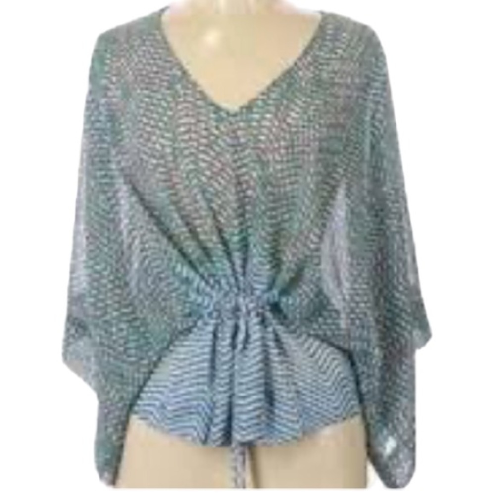 CAbi Sheer Multicolored Dolman Sleeve Top ~ Ties at Waist Ladies Size Small EUC - Picture 1 of 12